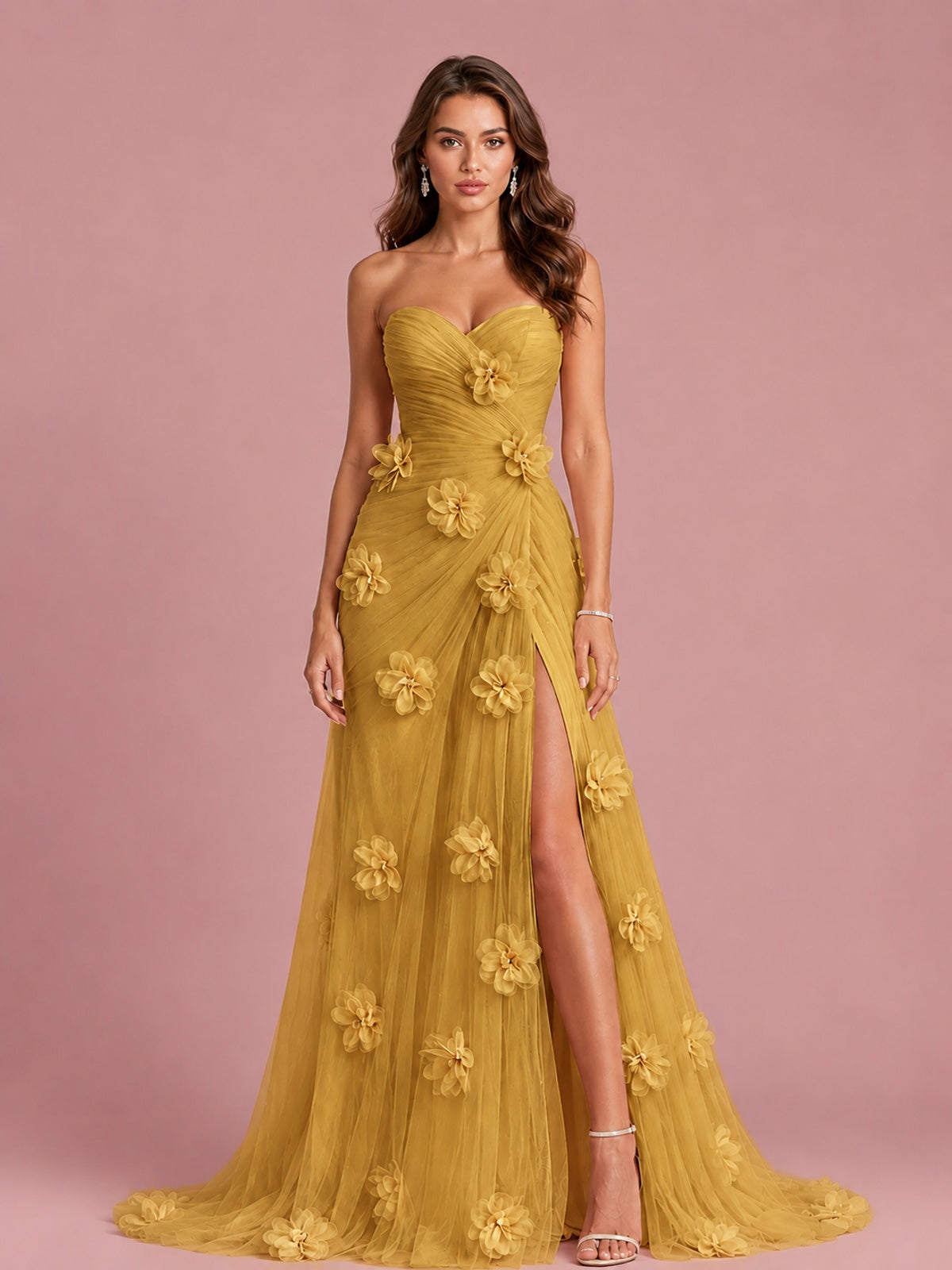 3D Floral Applique Strapless Tulle Prom Dress with High Slit