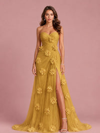 3D Floral Applique Strapless Tulle Prom Dress with High Slit
