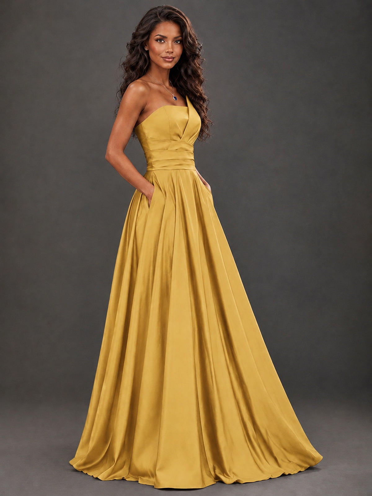 Draped Satin Prom Dress Strapless A-line Formal Dress Floor Length