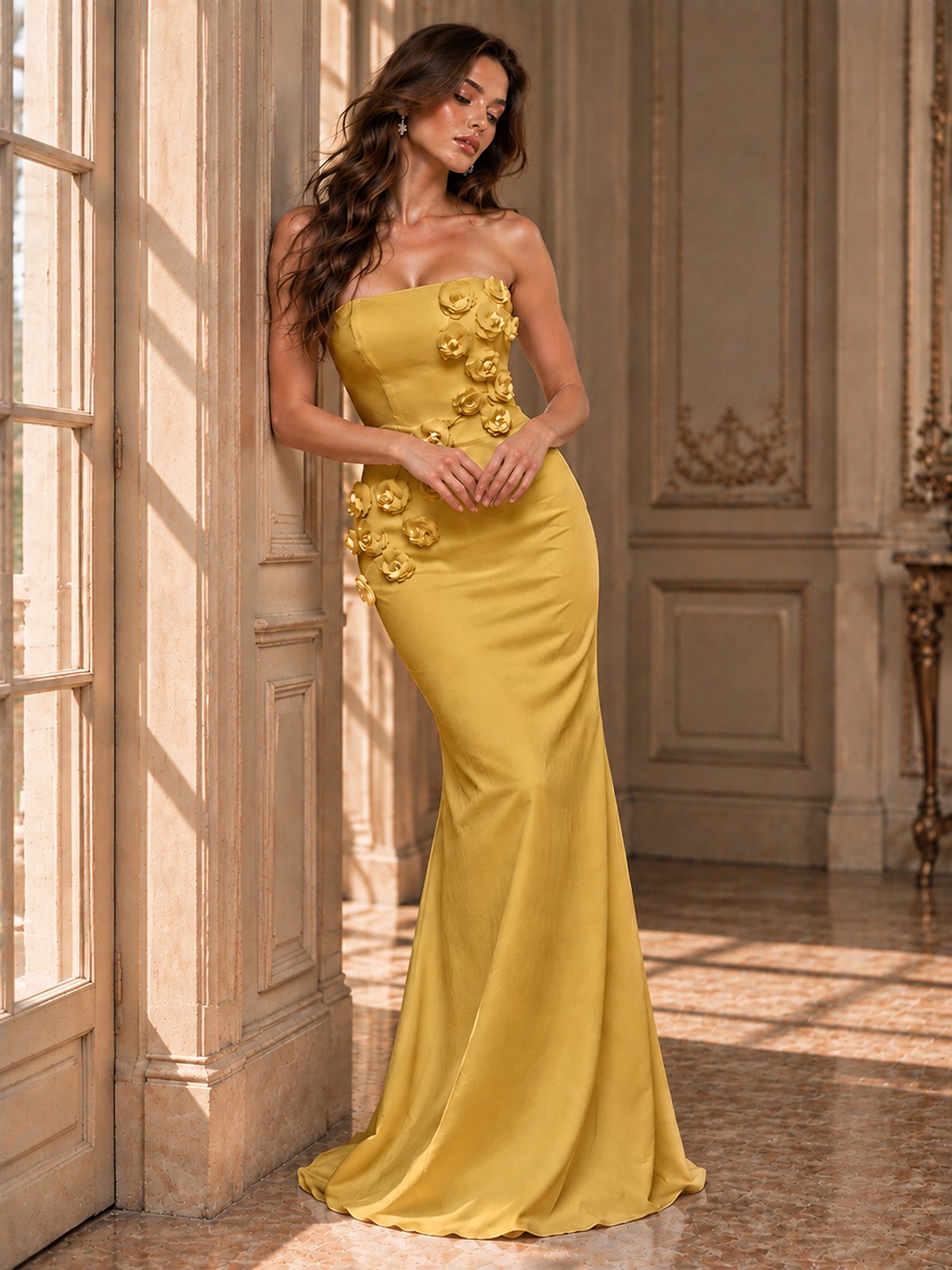 White Strapless Mermaid Maxi Dress with 3D Floral Appliques
