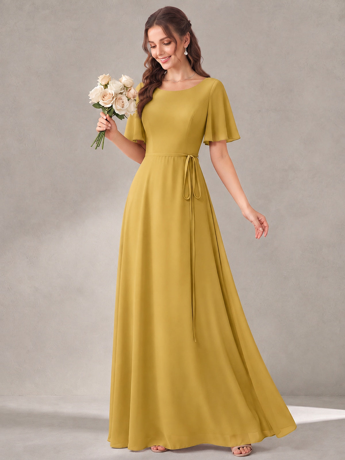 Scoop Neck A-line Chiffon Bridesmaid Dress with Flutter Sleeve & Belt