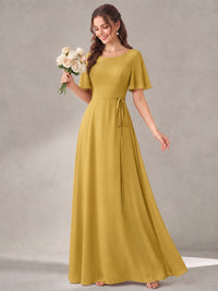 Scoop Neck A-line Chiffon Bridesmaid Dress with Flutter Sleeve & Belt
