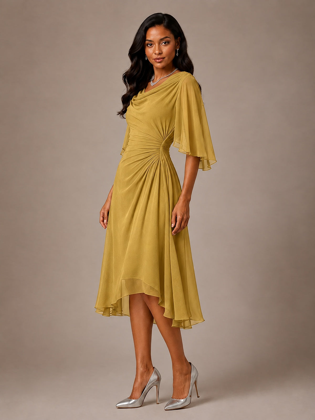Cowl Neck Ruched Chiffon Mother of the Bride Dresses with Flutter Sleeves