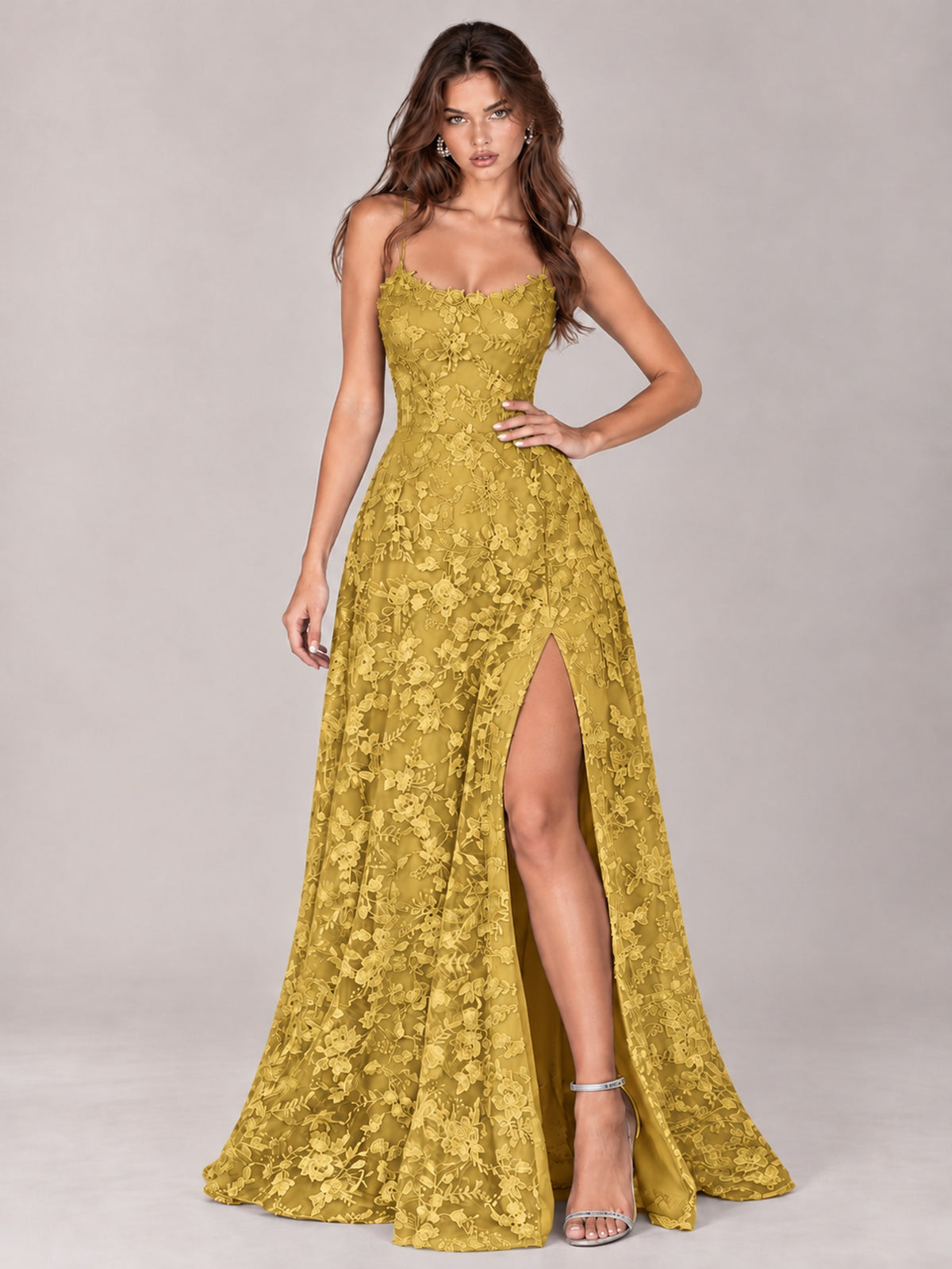 Floral Lace A-Line Prom Dress with Spaghetti Straps & High Slit