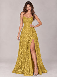 Floral Lace A-Line Prom Dress with Spaghetti Straps & High Slit