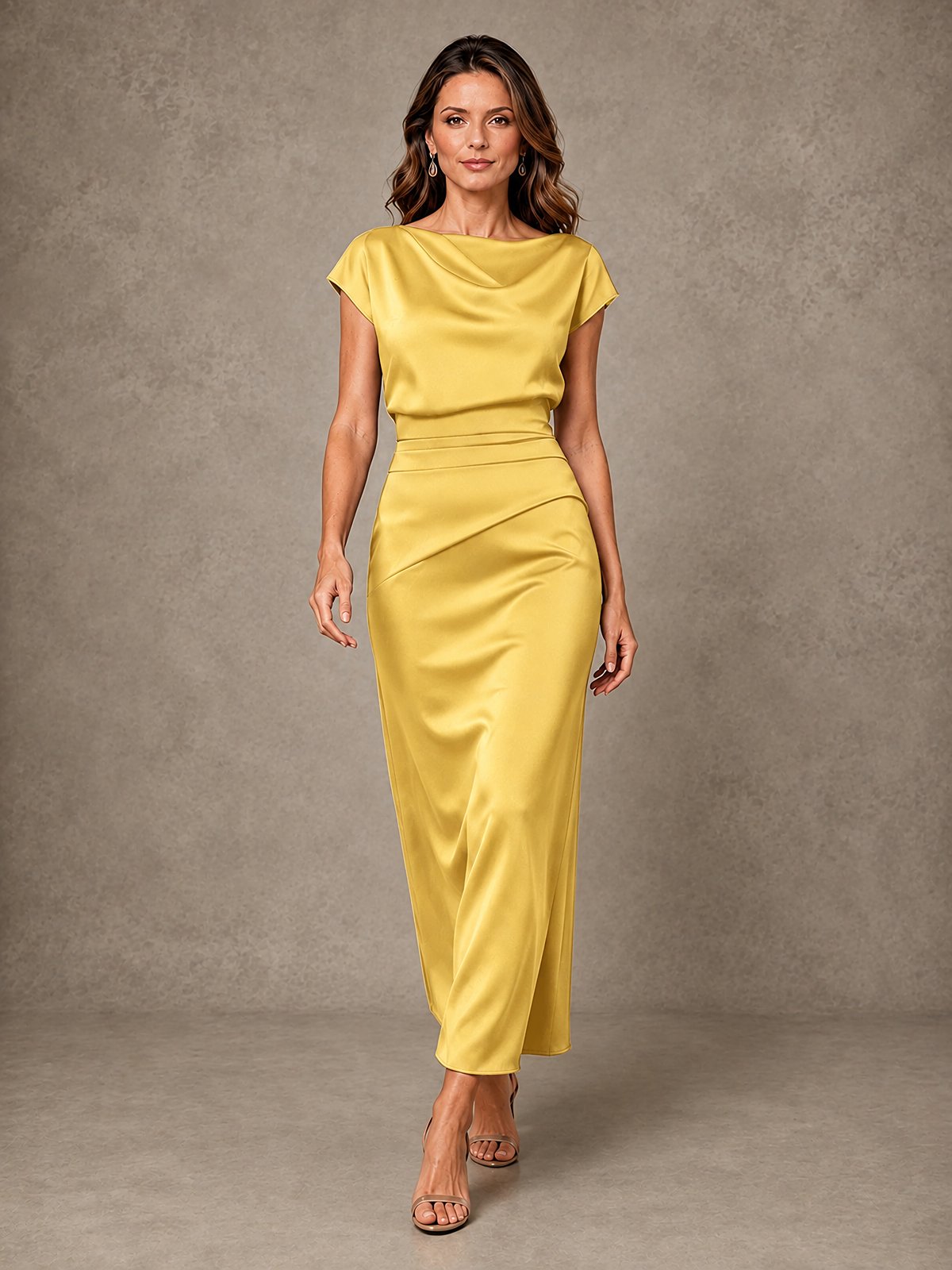 Cowl Neck Satin Mother of the Bride Dress with Ruched Waist