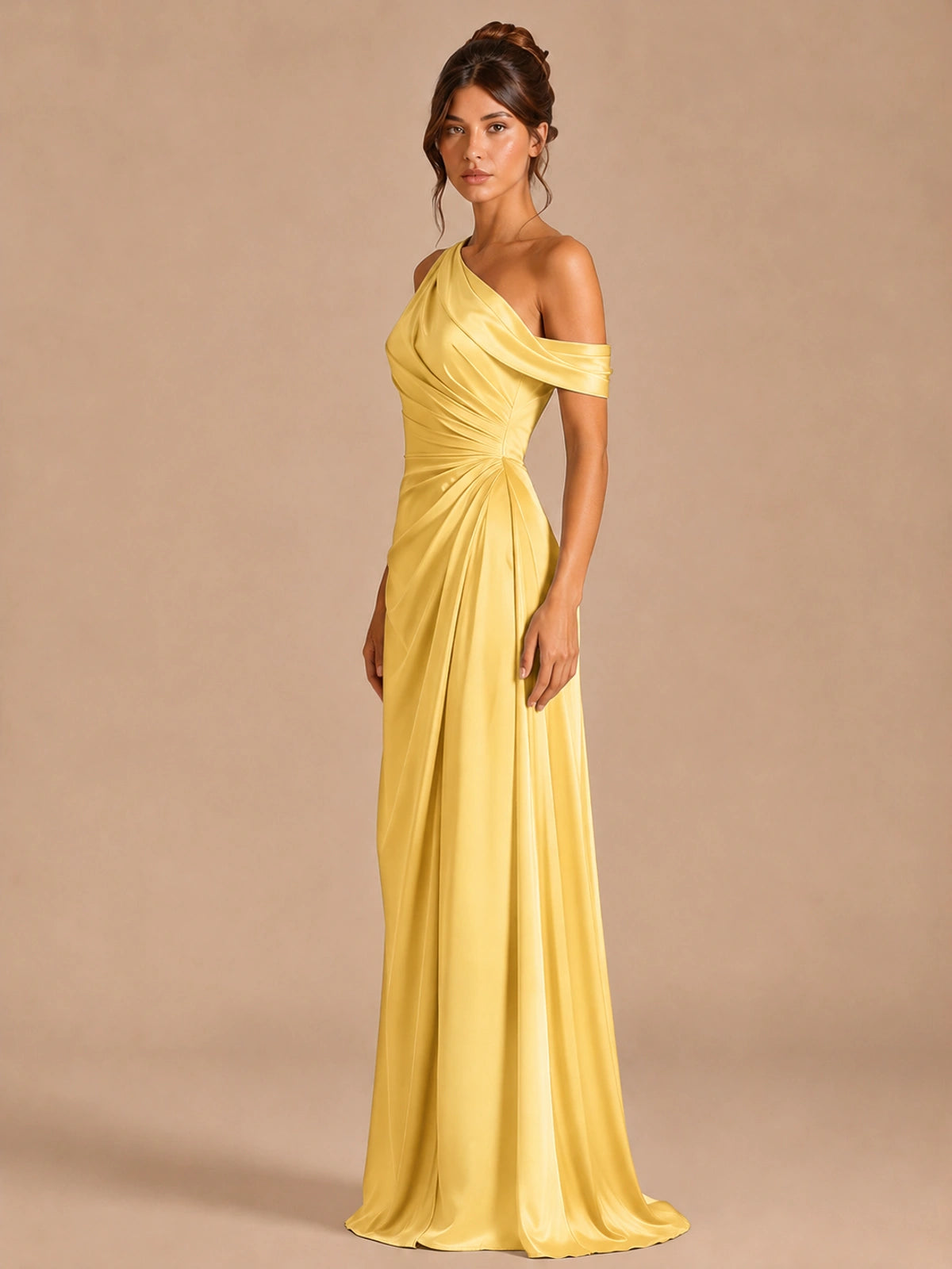 Satin One Shoulder Prom Dress Ruched Long Formal Evening Gown