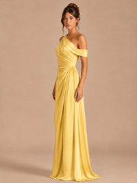 Satin One Shoulder Prom Dress Ruched Long Formal Evening Gown
