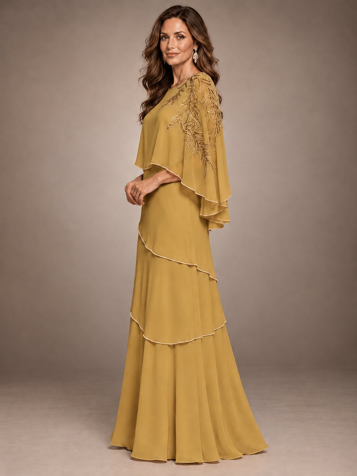 Elegant Chiffon Cape Sleeve Beaded Mother of the Bride Dress