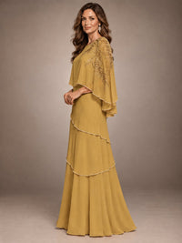 Elegant Chiffon Cape Sleeve Beaded Mother of the Bride Dress