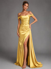 Off Shoulder Satin Maxi Dress with Slit