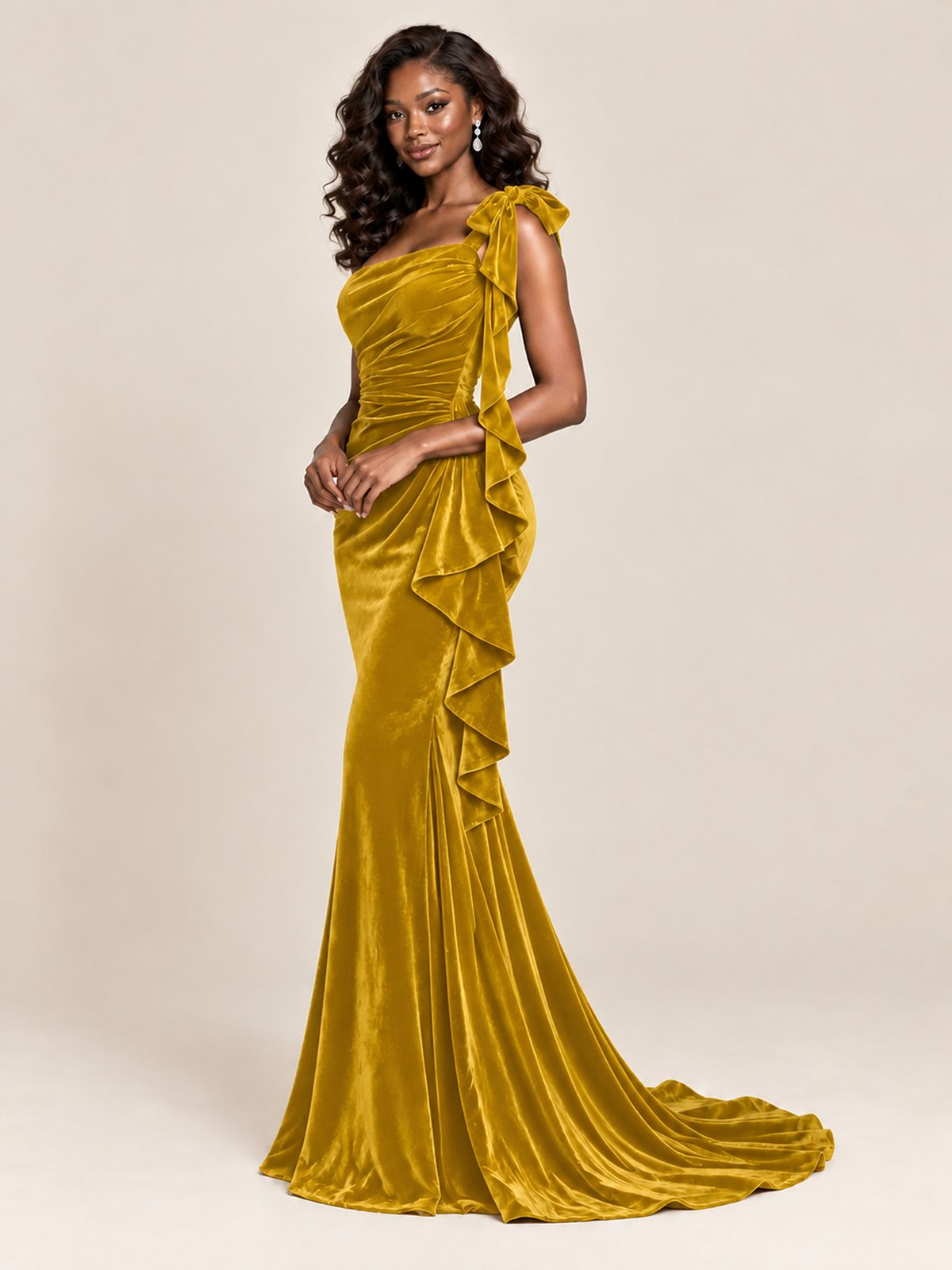 Black Velvet One-Shoulder Mermaid Evening Gown with Bow & Ruffles