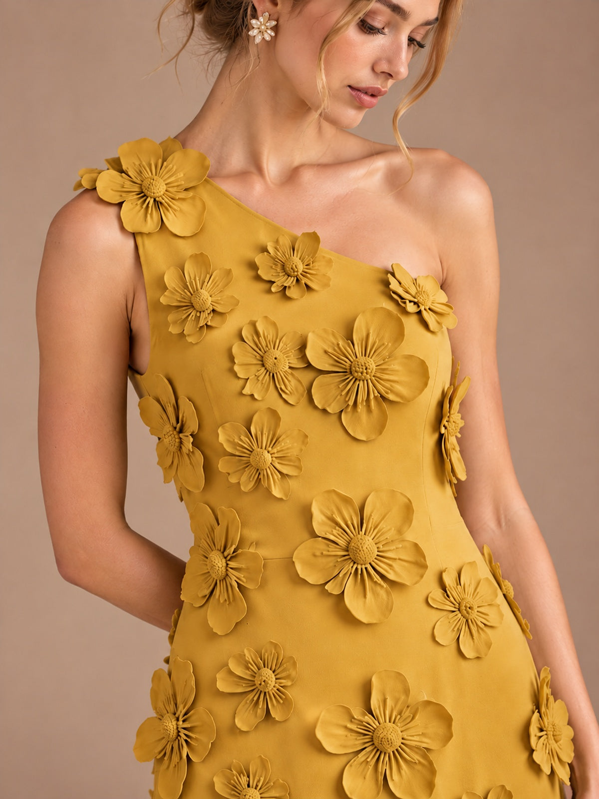 Sage Green One Shoulder Satin Formal Maxi Dress with 3D Floral