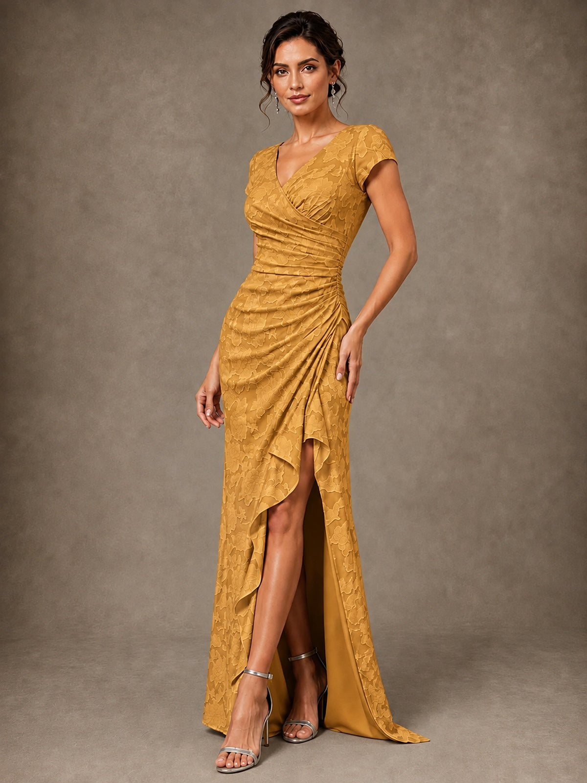 V-Neck Floral Jacquard Mother of the Bride Dress with Slit