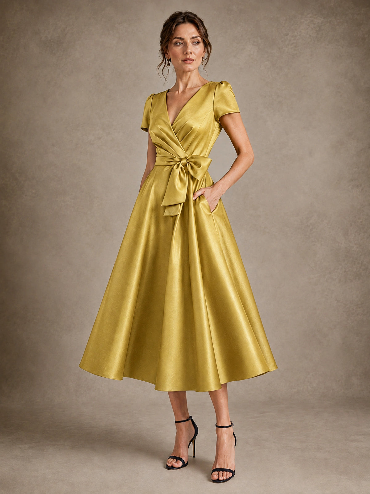 V-Neck Tea-Length Satin Mother of the Bride Dress with Bow