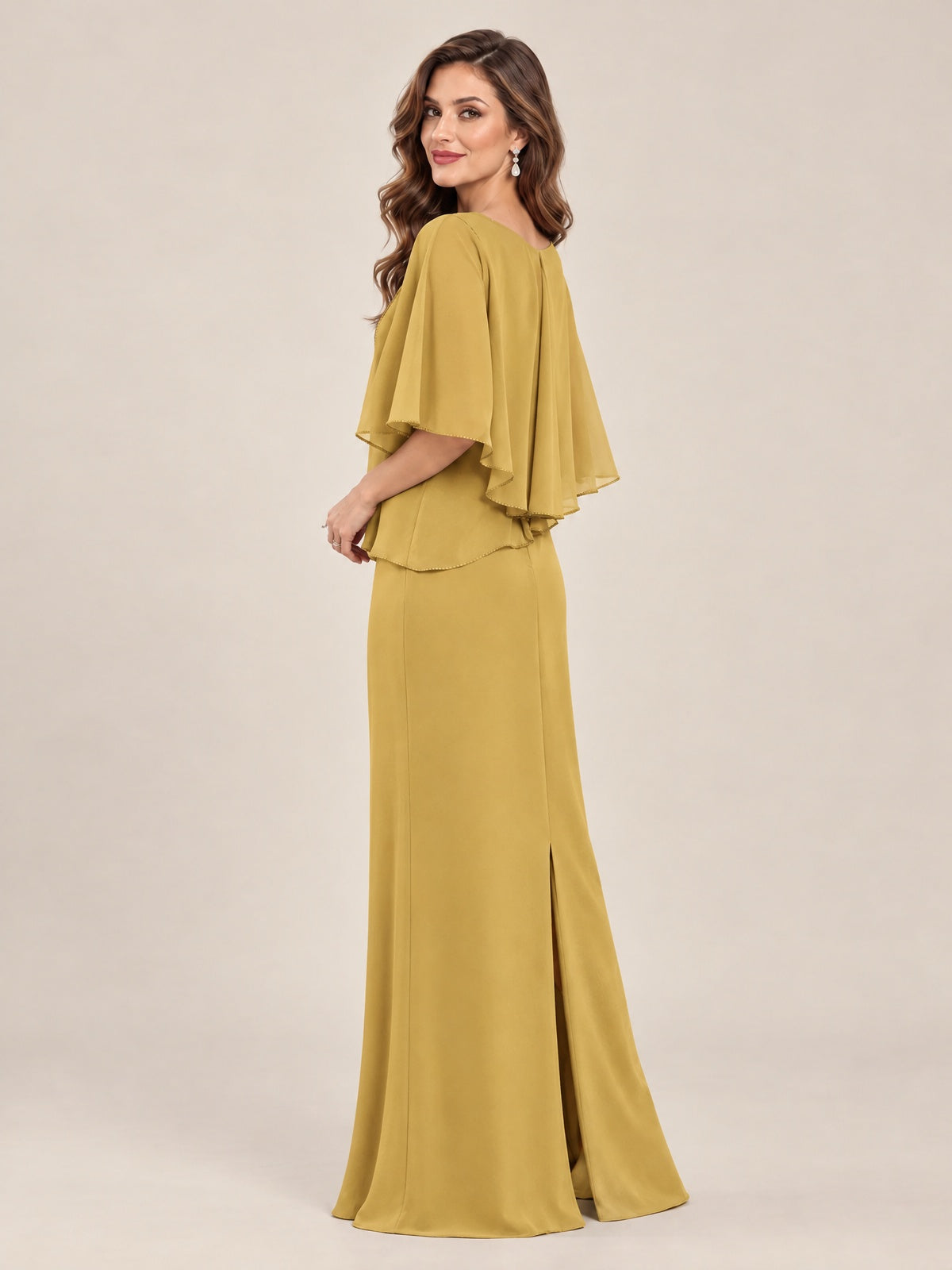 Cape Sleeve Mother of the Bride Dress with Asymmetrical Overlay
