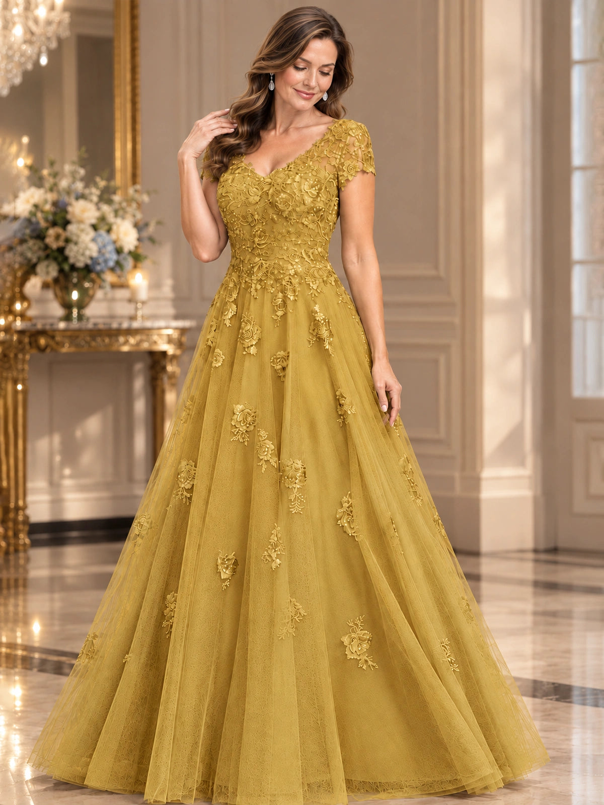 Lace Appliques A-line Mother of The Bride Dresses with Short Sleeves