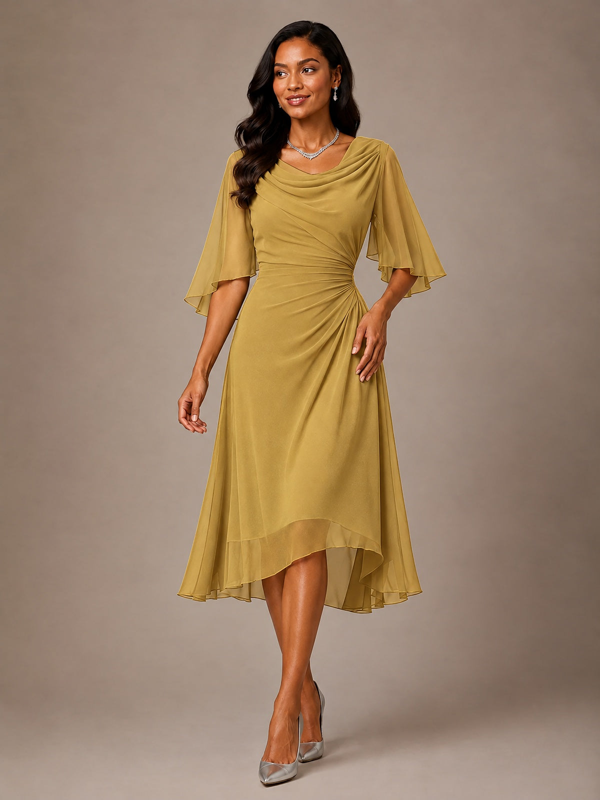Cowl Neck Ruched Chiffon Mother of the Bride Dresses with Flutter Sleeves