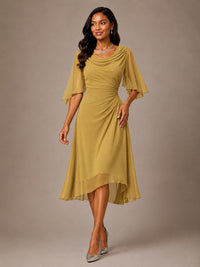 Cowl Neck Ruched Chiffon Mother of the Bride Dresses with Flutter Sleeves