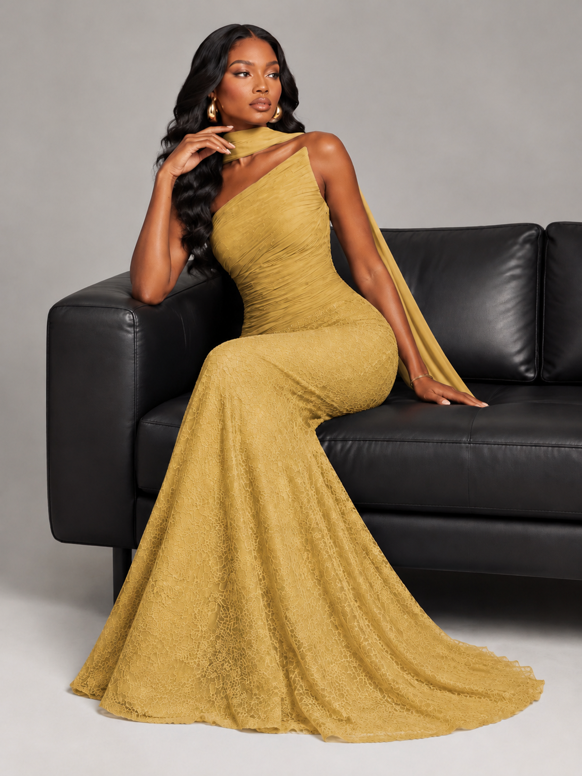 Pleated Chiffon Lace Prom Dresses Long Bodycon Mermaid with Scarf