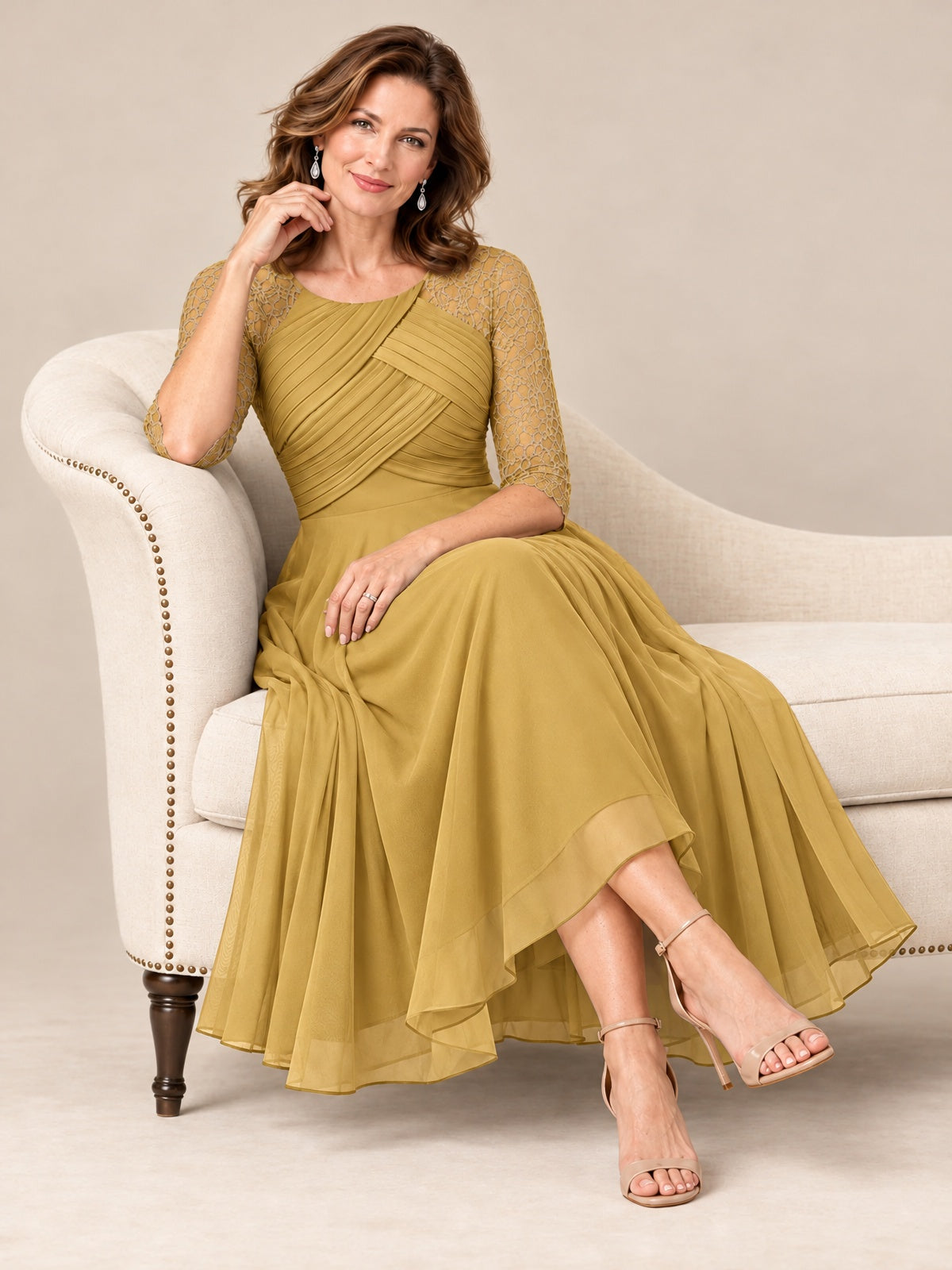 Tea-Length Mother of the Bride Dress with Lace 3/4 Sleeves