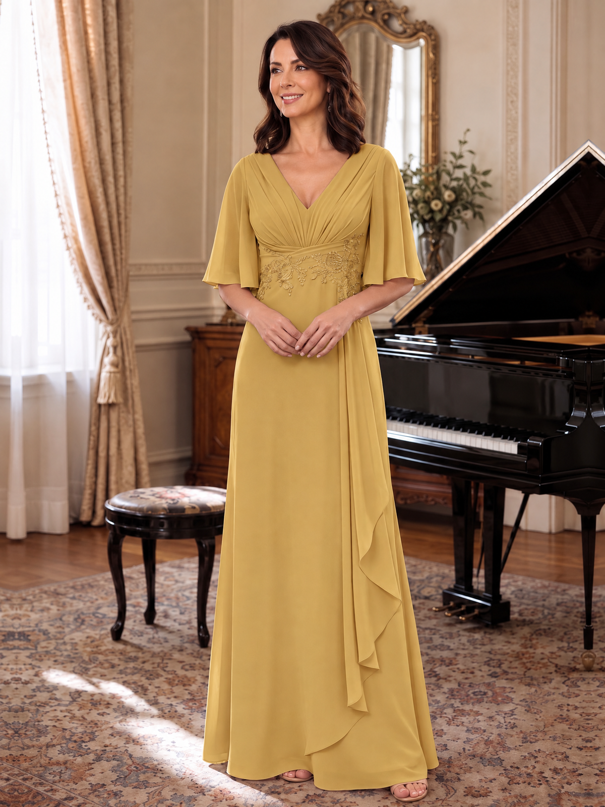 V-Neck Chiffon Lace Mother of the Bride Dresses