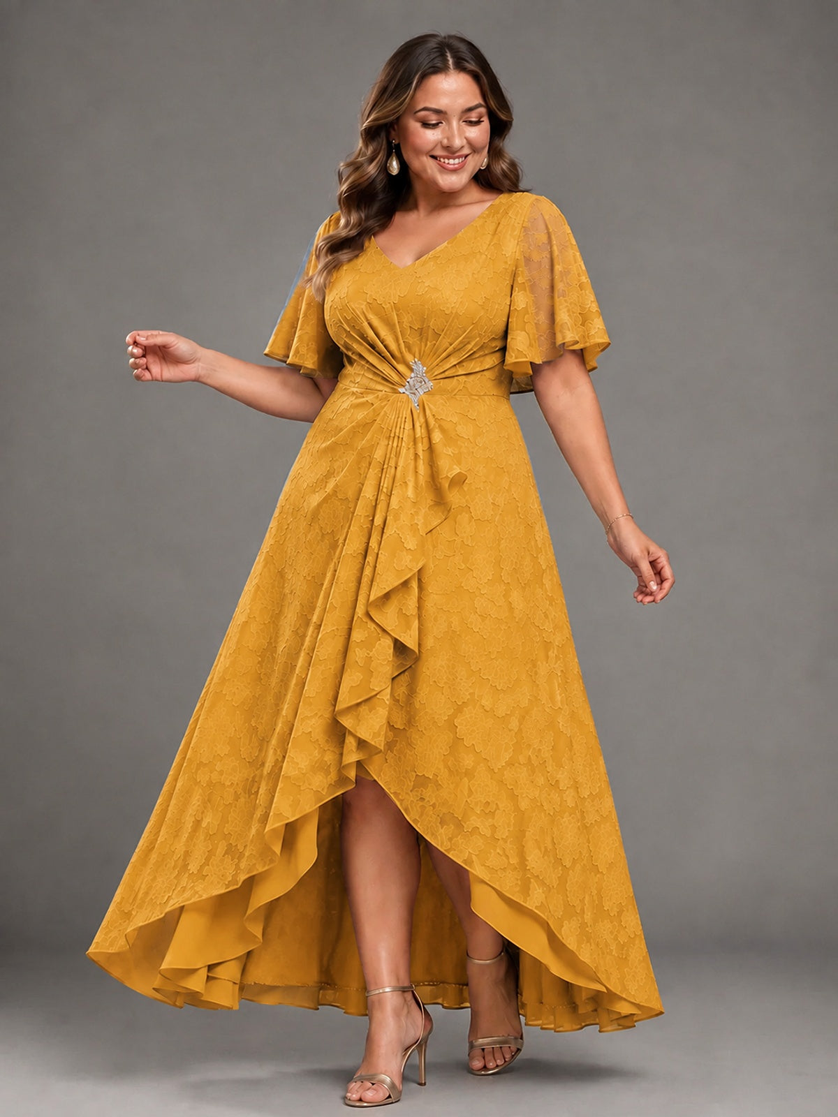 Jacquard Chiffon A-Line V-Neck High-Low Mother of the Bride Dress