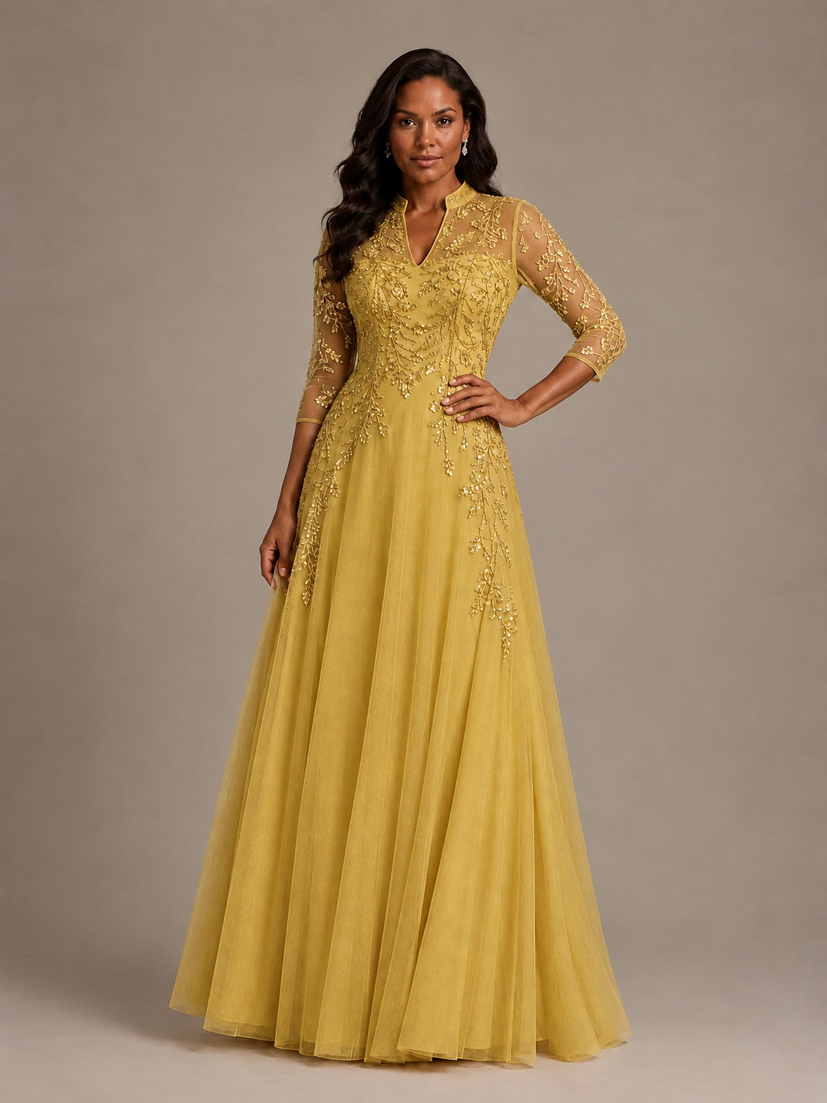 Embellished Appliques Mother of the Bride Dress with 3/4 Sleeves
