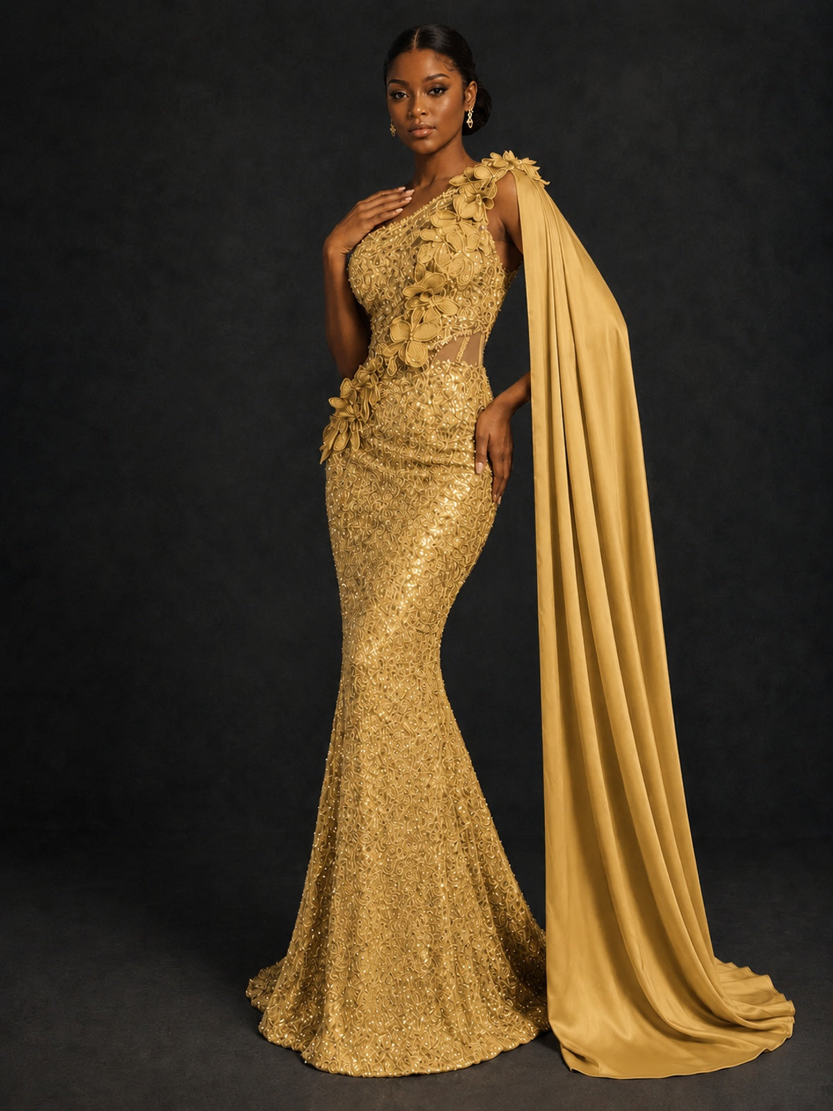 Gold Sequin One Shoulder Mermaid Prom Dress with Cape