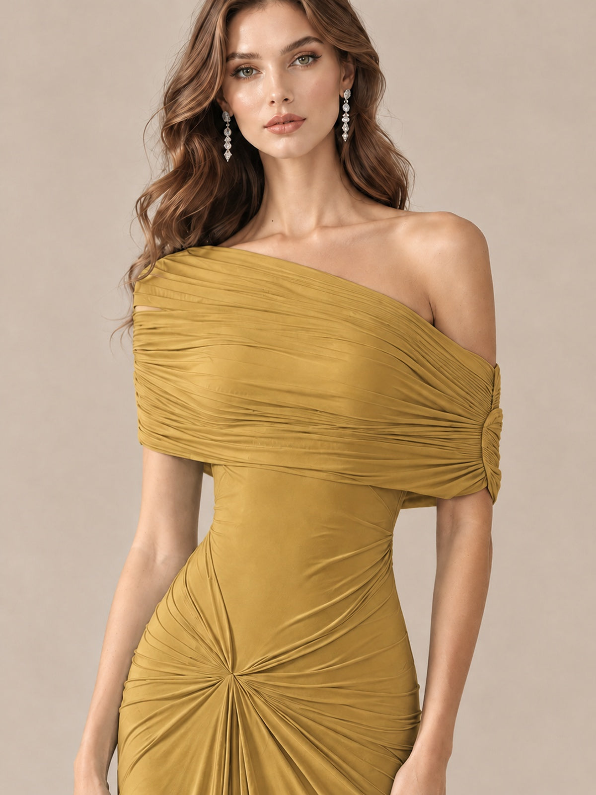 Elegant Draped Off Shoulder Ruched Mermaid Chiffon Formal Evening Gown