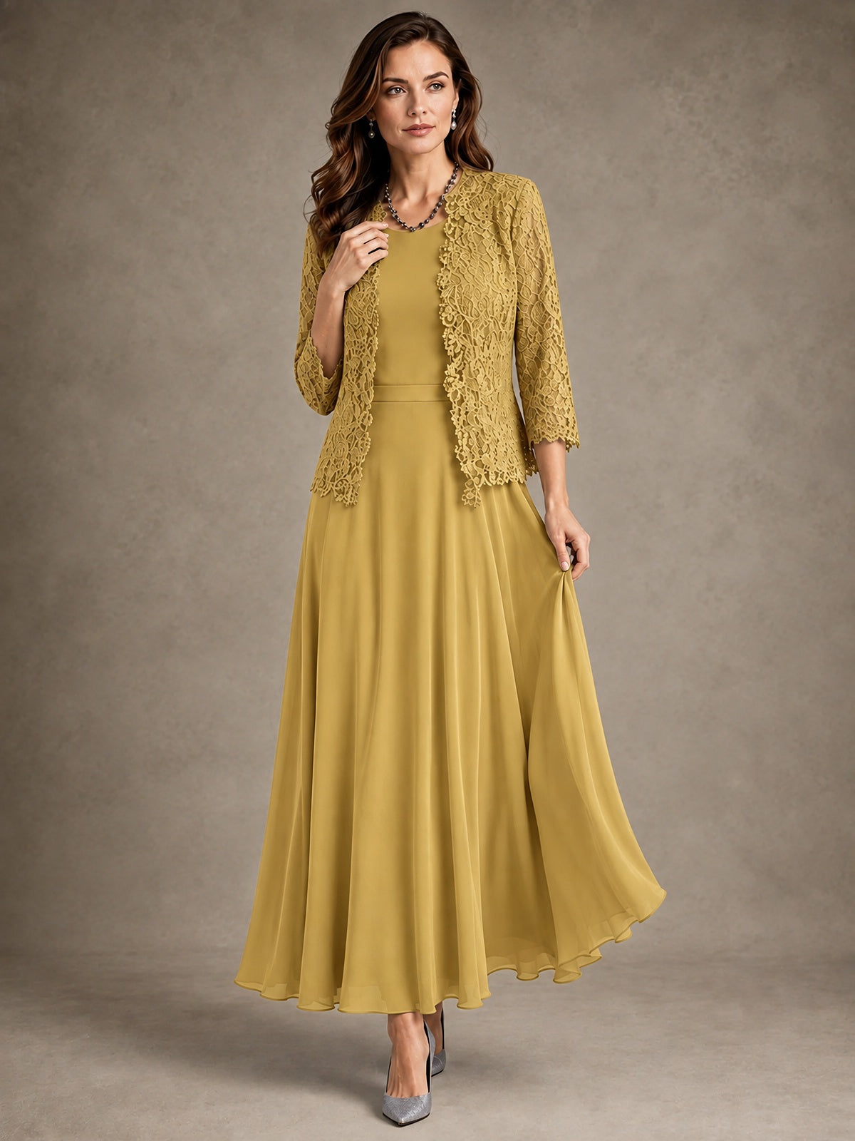 2-Piece Chiffon Mother of the Bride Dress with Lace Jacket