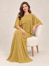 Cape Sleeve Mother of the Bride Dress with Asymmetrical Overlay
