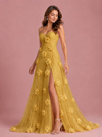 3D Floral Applique Strapless Tulle Prom Dress with High Slit