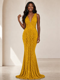 Sequin Mermaid Prom Dress with V-Neck and Ruched Waist