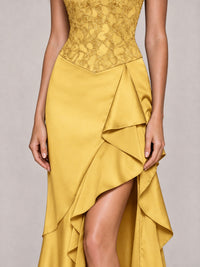 Strapless Lace Appliques Corset Satin Prom Dress Ruffle Slit Evening Gown