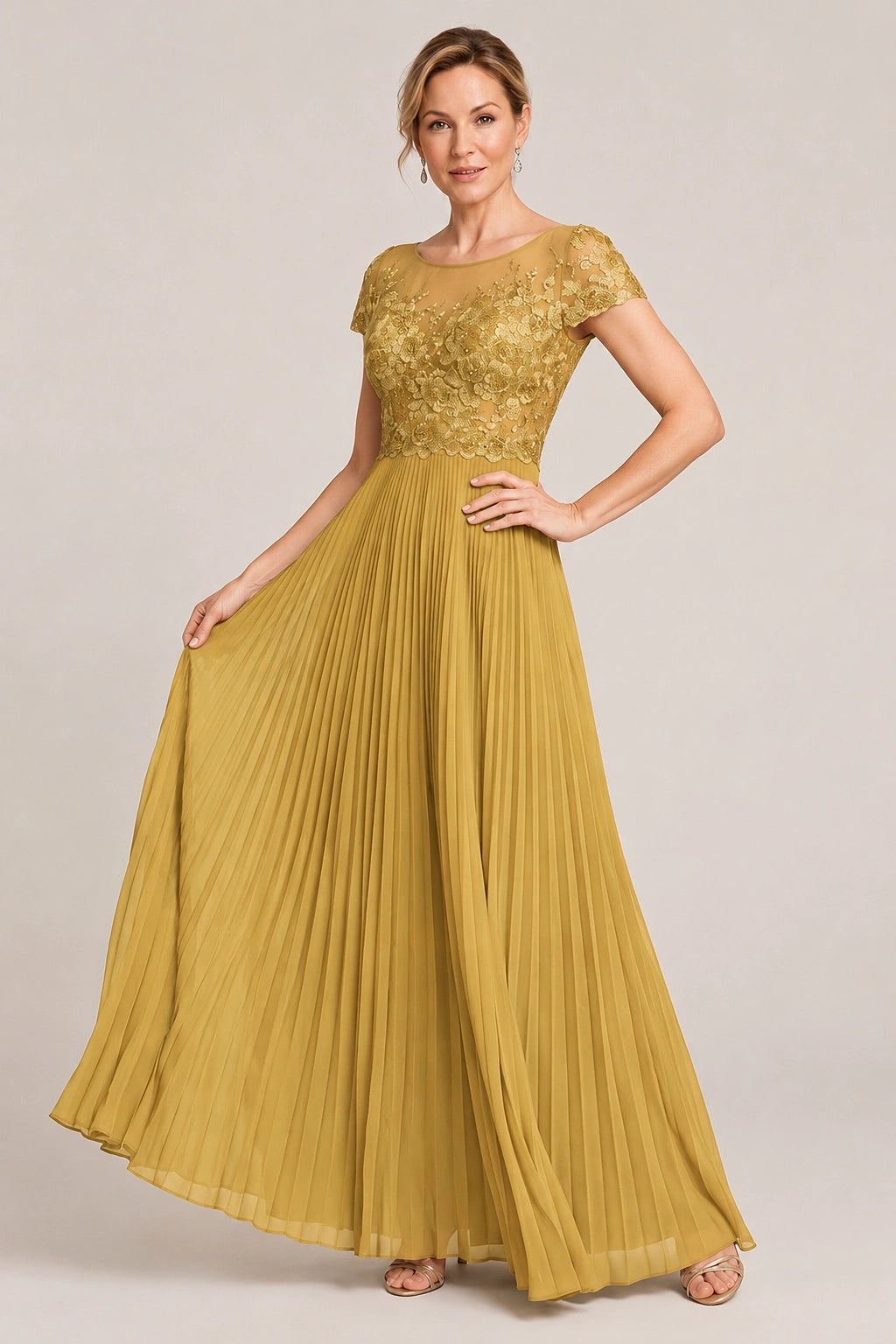 Embroidered Lace Pleated Mother of the Bride Dress