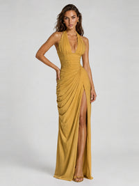 Ruched Halter Neck High-Slit Prom & Evening Dress