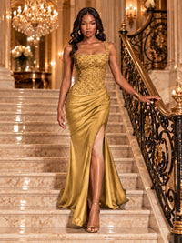 Scoop Neck Sequin Prom Dress with High Slit Satin Formal Gowns