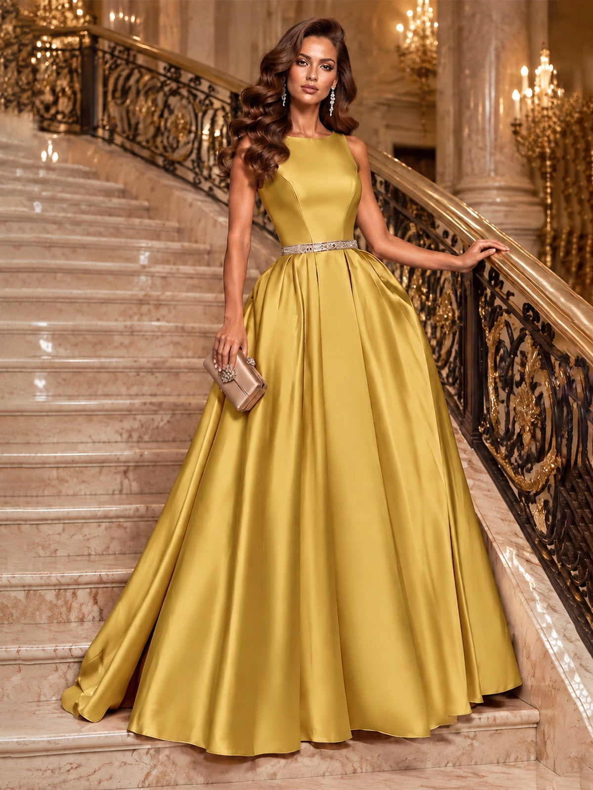 Satin A-Line Prom Dress Sleeveless Beaded Waist Formal Gown with Pockets