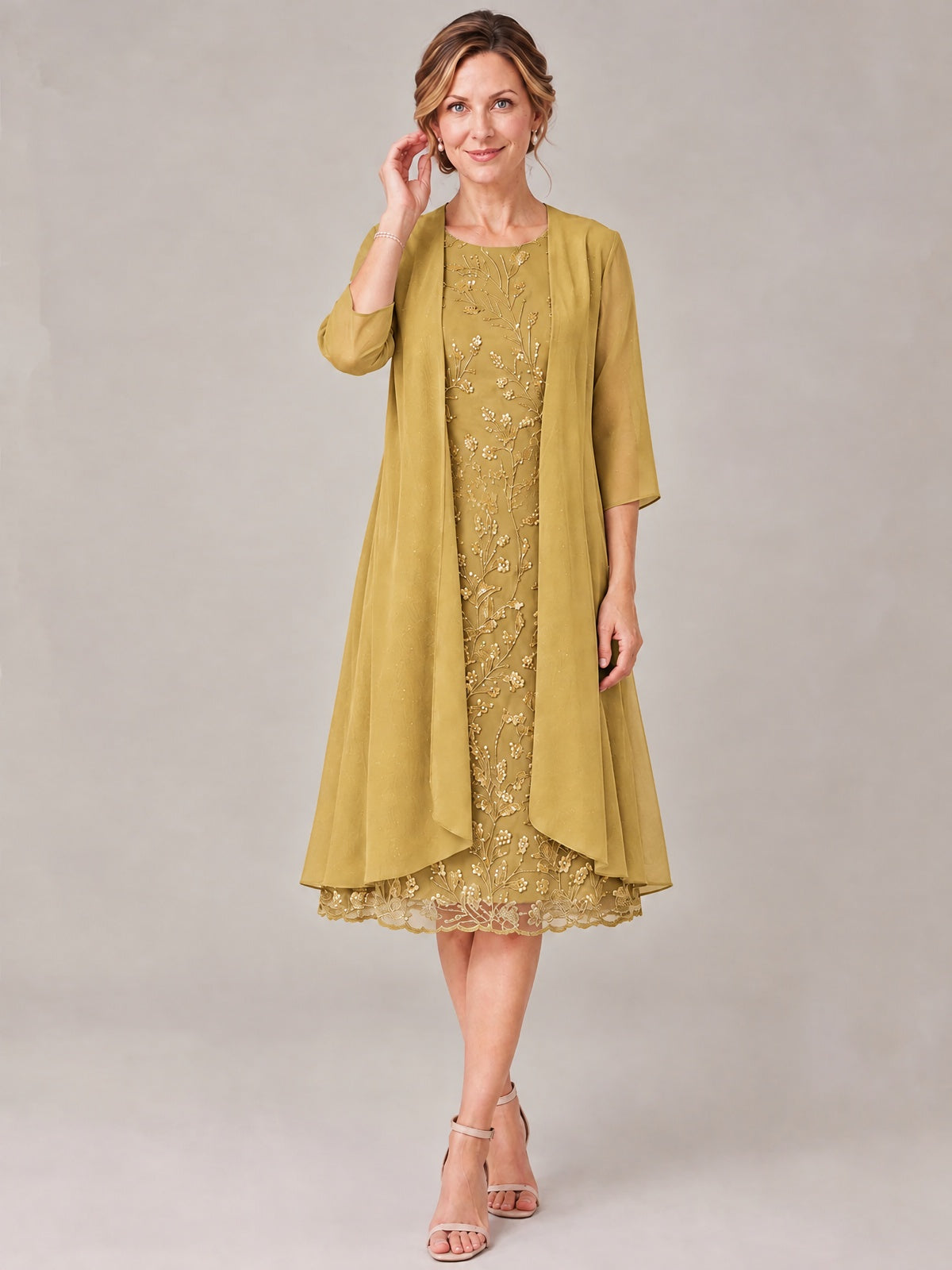 Tea Length Sequin Lace Mother of The Bride Dress with Chiffon Jacket