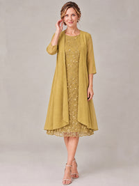 Tea Length Sequin Lace Mother of The Bride Dress with Chiffon Jacket