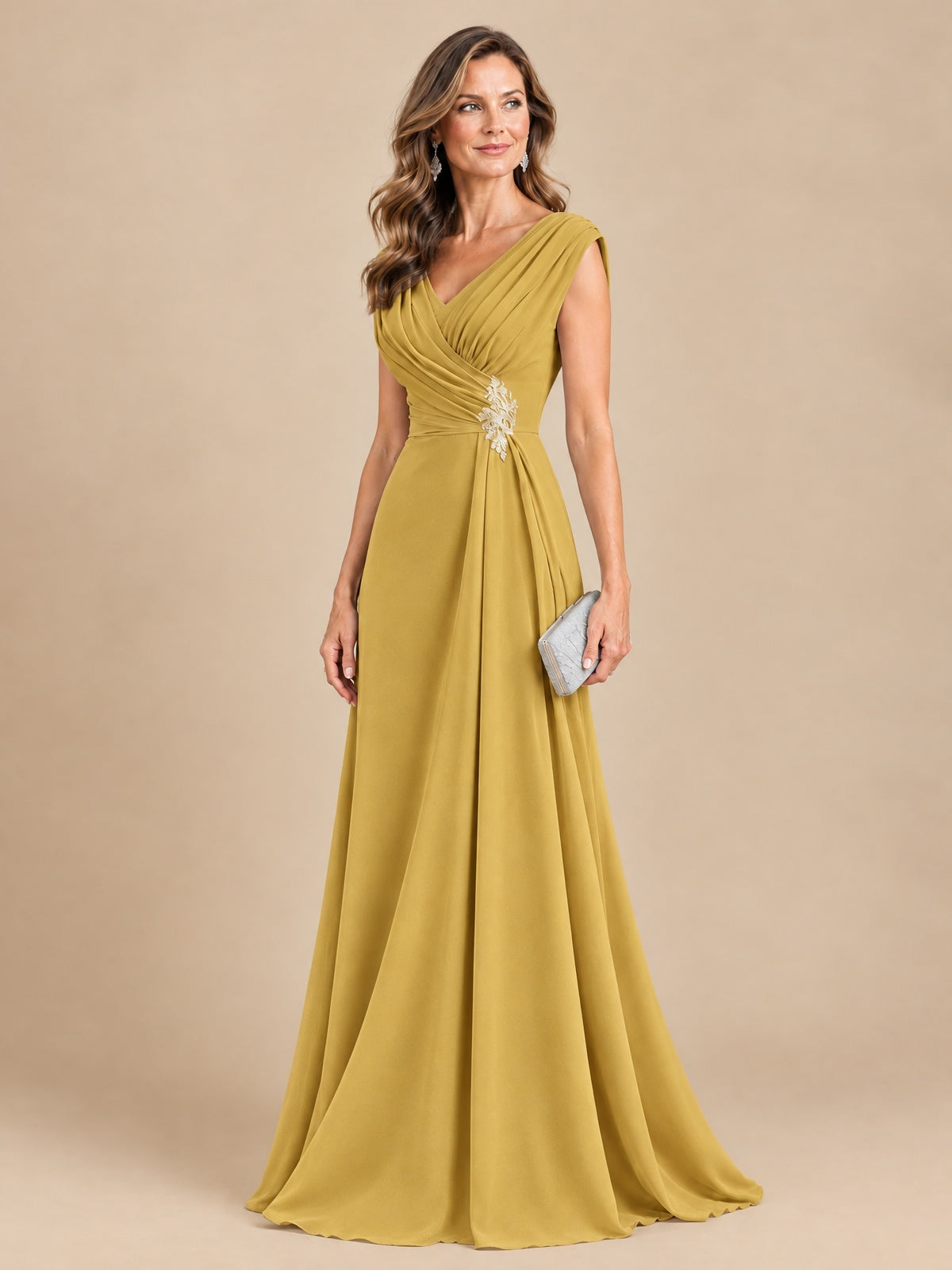 V Neck Pleated Mother of The Bride Dresses with Beading Cap Sleeves