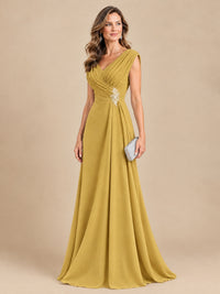 V Neck Pleated Mother of The Bride Dresses with Beading Cap Sleeves