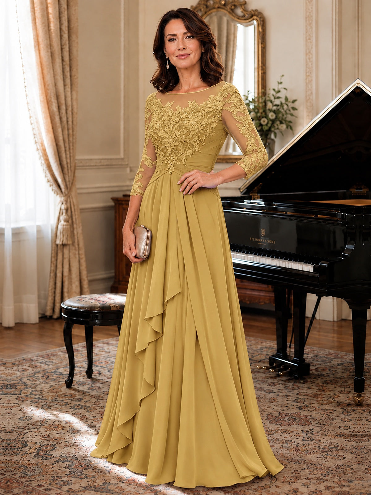 A-Line Chiffon Mother of the Bride Dress with Floral Applique 3/4 Sleeves