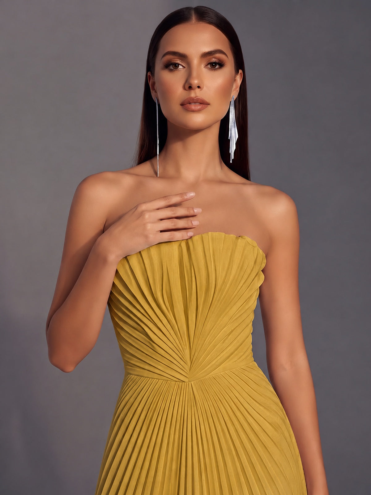 Strapless A-line Long Pleated Satin Prom Dress