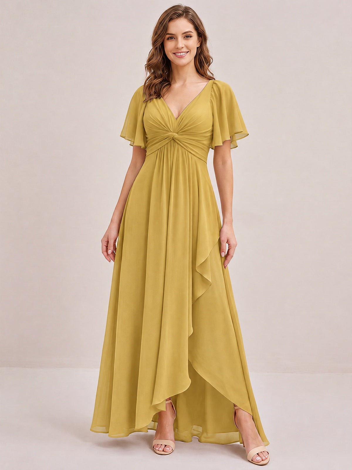 Dusty Blue Chiffon Bridesmaid Dress with Flutter Sleeves & High-Low Hem