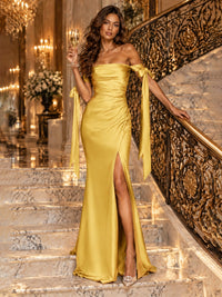 Off The Shuolder Satin Prom Dress Slit Mermaid Formal Gowns