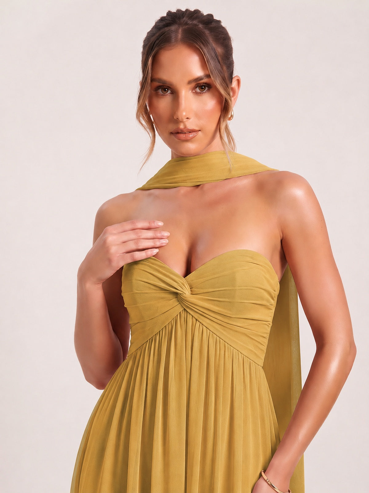 Strapless Ruched Chiffon Long Prom Dress with Scarf