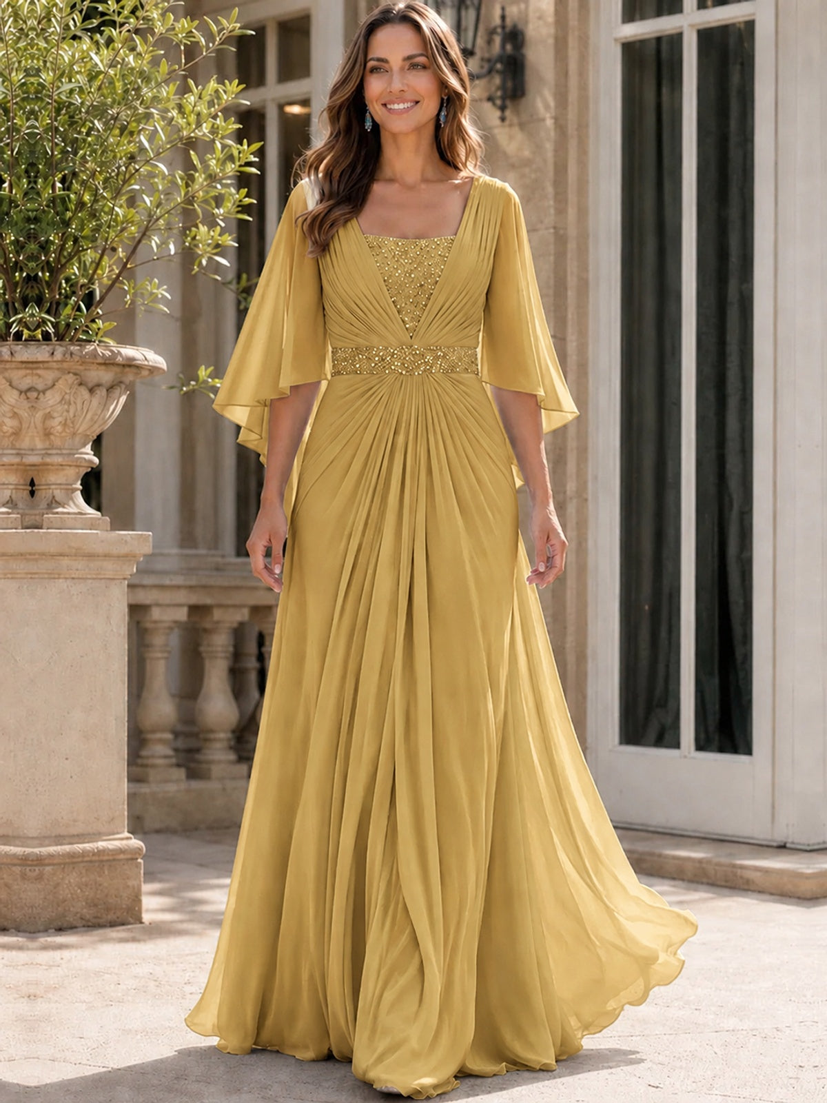 Elegant V-Neck Sequined Chiffon Mother of the Bride Dress with Flutter Sleeves