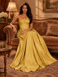 Draped Satin Prom Dress Strapless A-line Formal Dress Floor Length